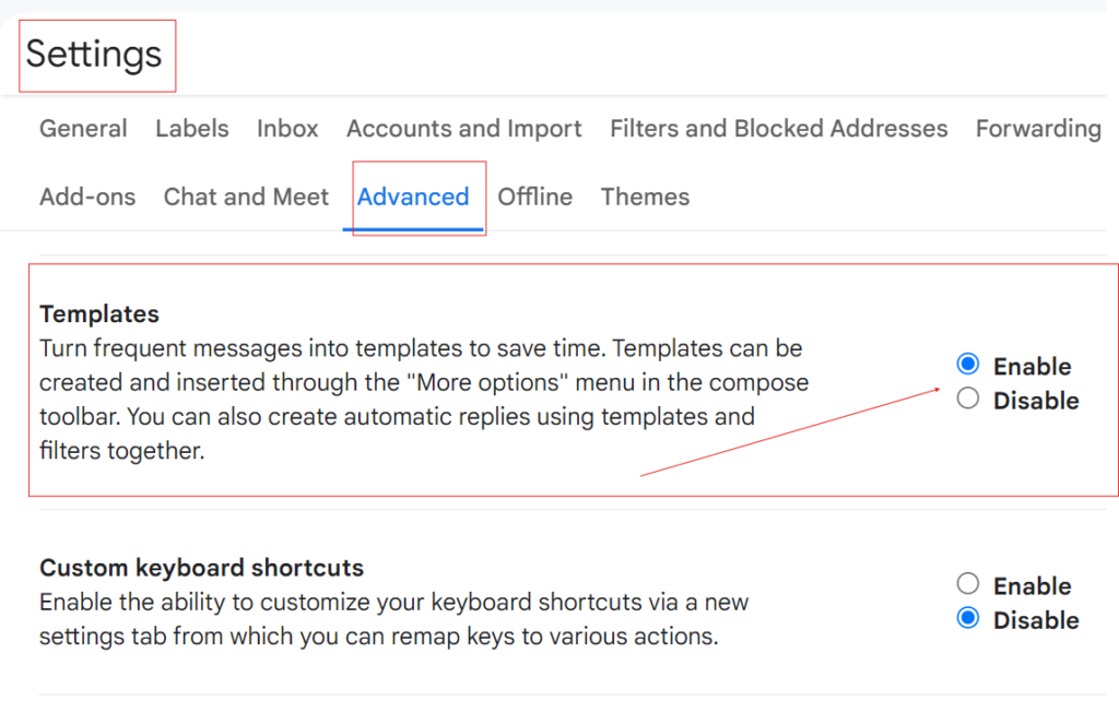 Enable Template setting