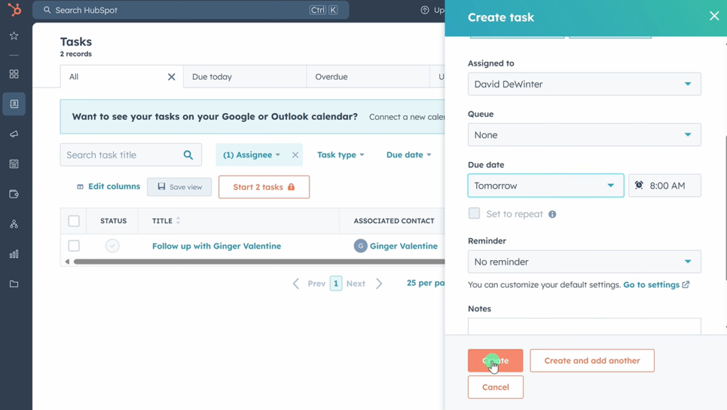 creating task in hubspot